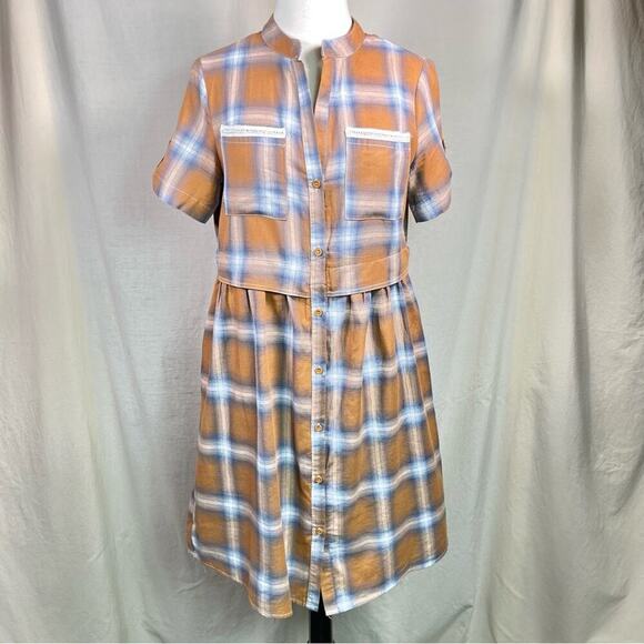 Suzanne Betro Dresses & Skirts - SUZANNE BETRO ~ Tan & Blue Plaid Shirt Dress w/Pocket Detail ~ Small